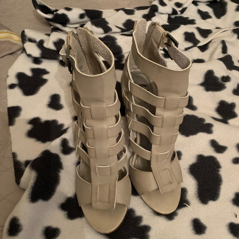 Grey leather block heels